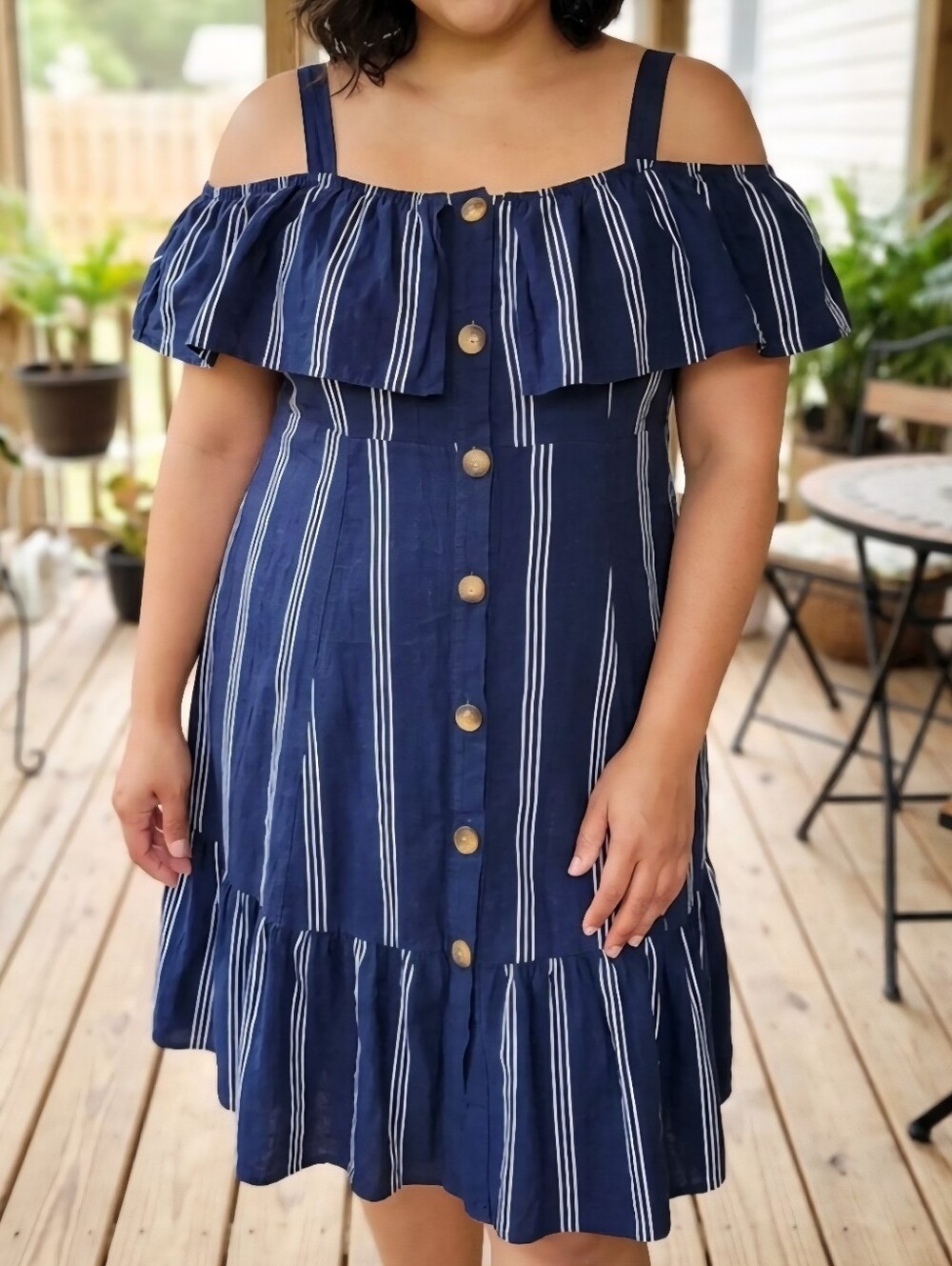 Terra & Sky Navy and White Striped Cold-Shoulder Button Dress 1X (16W-18W)